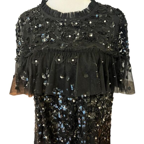 NWT MAC DUGGAL Black Sequined High Neck Ruffled Flutter Sleeve Midi Dress sz 12 - Picture 5 of 13